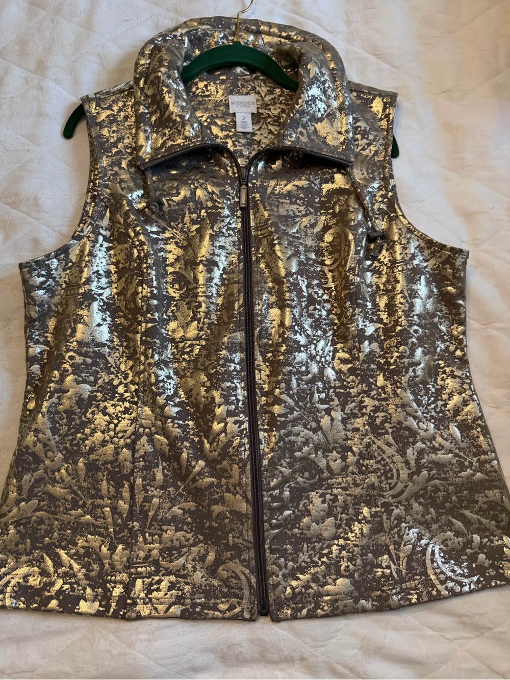 Chico's Metallic Gold Brocade Zip-Front Vest